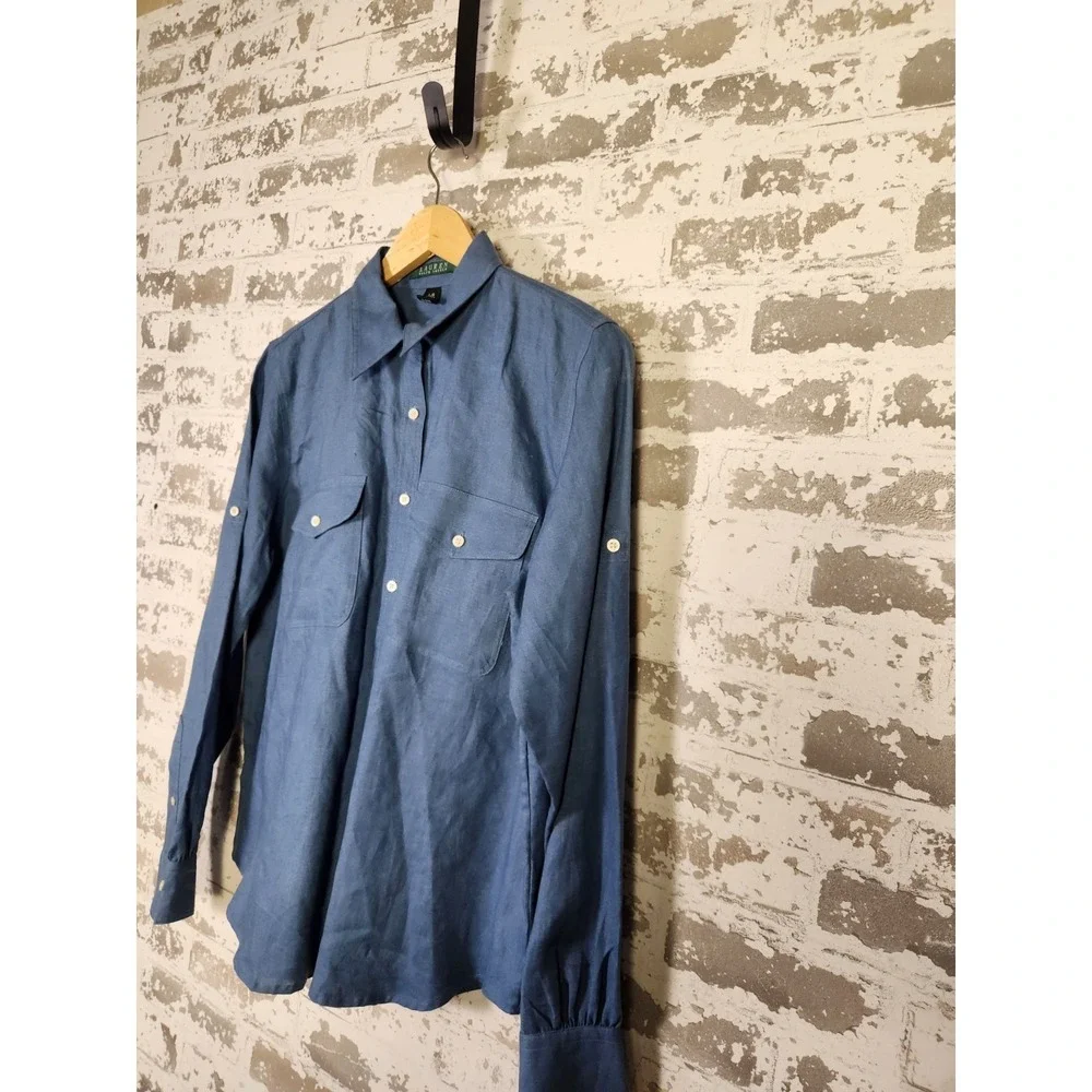 Ralph Lauren Shirt Womens Large Blue Linen Long Sleeve Button Up Beachy Coastal - Picture 6 of 15